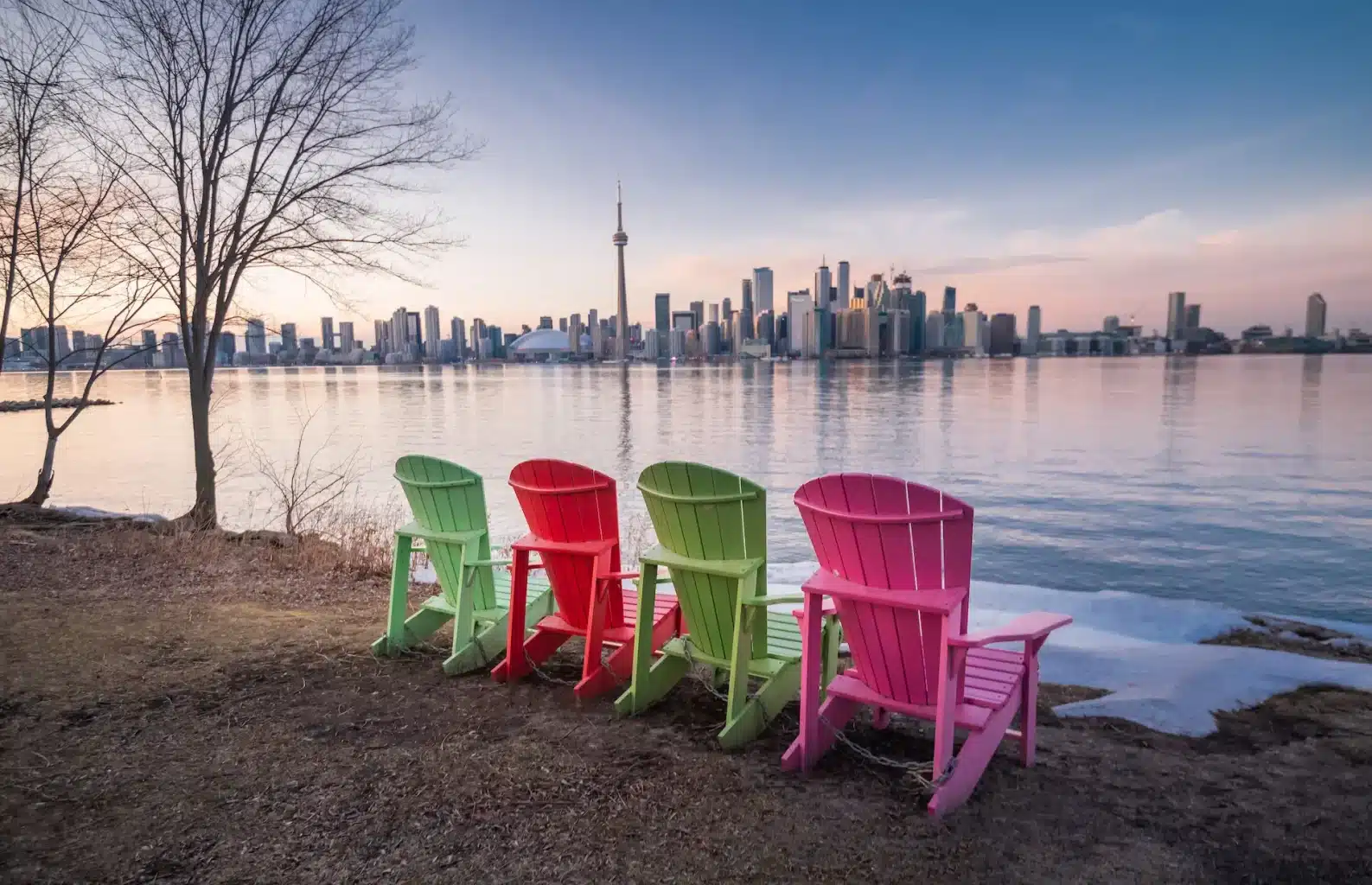 colorful patio charis facing toronto skyline