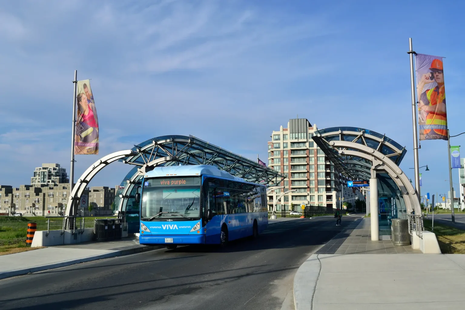 view of the city of markham with a markham public bus in the foreground